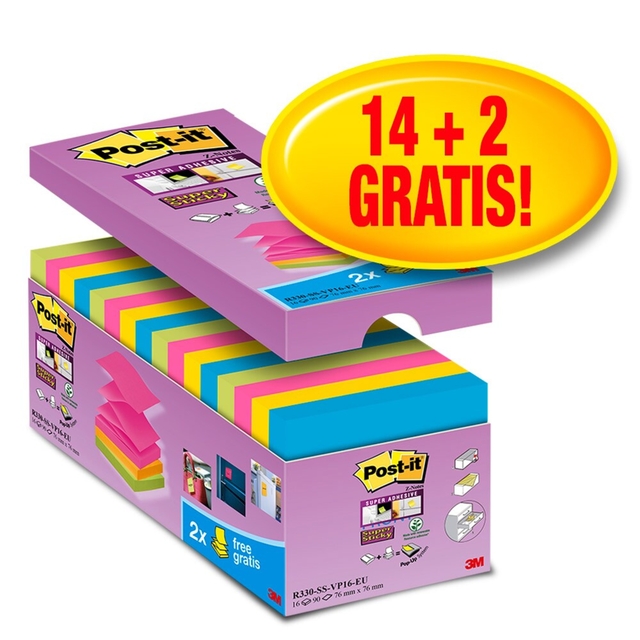Bloc-mémos  Post-it Z-Note S330-16 Super Sticky 76x76mm 14+2 gratuits