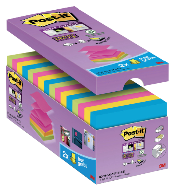 Memoblok Post-it Z-Note S330 Super Sticky 76x76mm 14+ 2 assorti