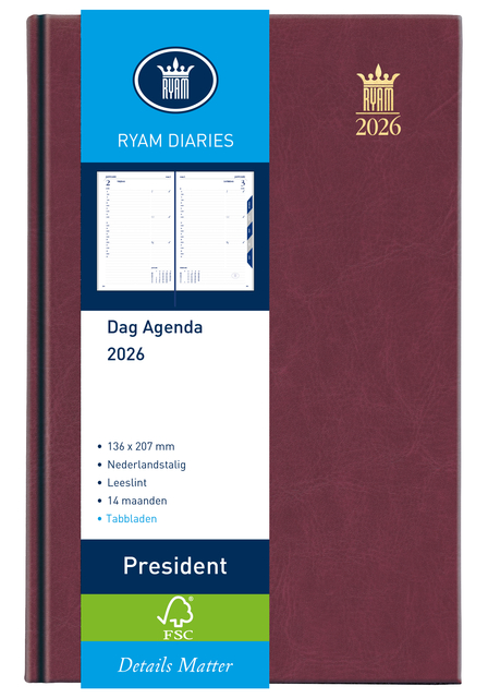 Agenda 2026 Ryam President 1 jour/1 page bordeaux