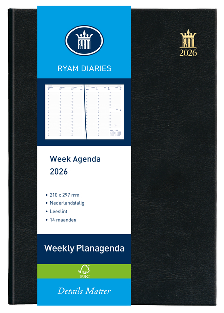 Agenda 2026 Ryam Weekly Mundior 7 jours/2 pages noir