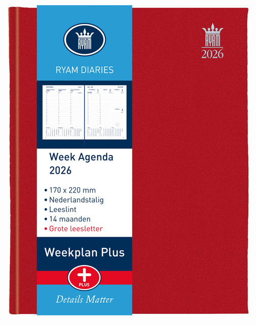 Agenda 2026 Ryam semaine Plus Mundior 7 jours/2 pages rouge