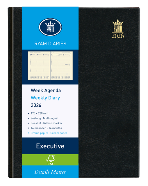 Agenda 2026 Ryam Executive Mundior 7 jours/2 pages noir