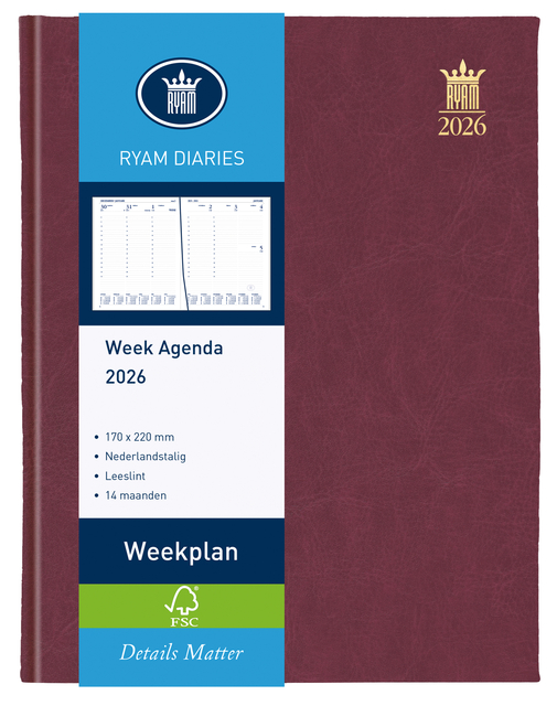 Agenda 2026 Ryam Weekplan Mundior 7 jours/ 2 pages bordeaux