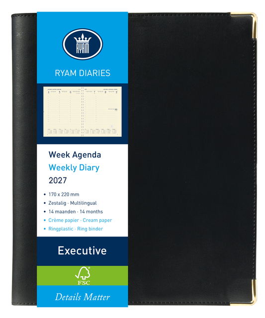 Agenda 2027 Ryam Executive Nappa 7dagen/2pagina's ringplastic zwart