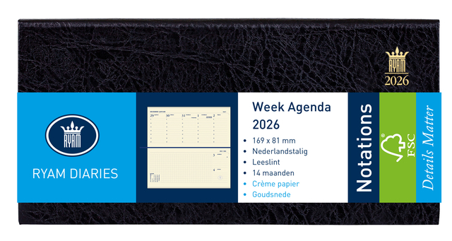 Agenda 2026 Ryam Notations Mundior 7 jours/2 pages noir