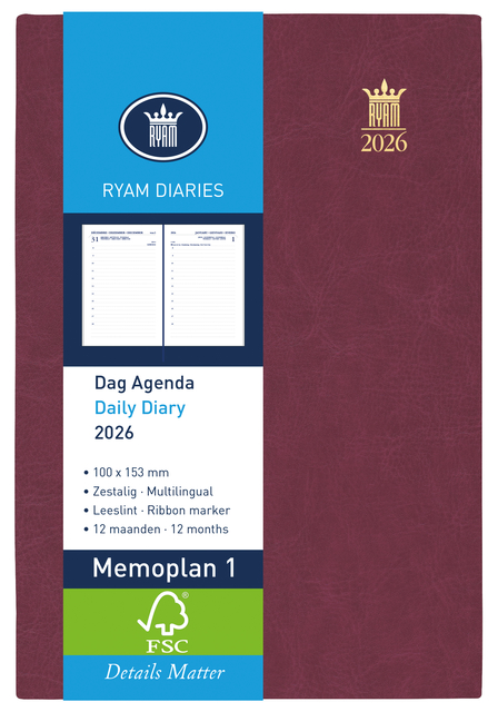 Agenda 2026 Ryam Memoplan 1 Mundior 1dag/1pagina bordeaux
