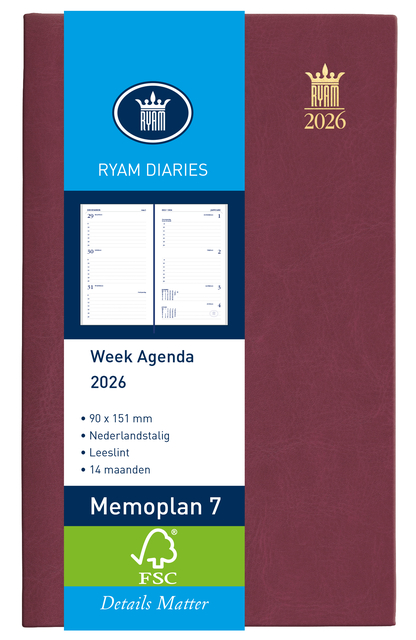 Agenda 2026 Ryam Memoplan 7 Suprema 7 jours/ 2 pages bordeaux