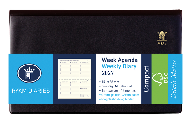 Agenda 2027 Ryam Compact Suprema 7dagen/2pagina's ringplastic zwart
