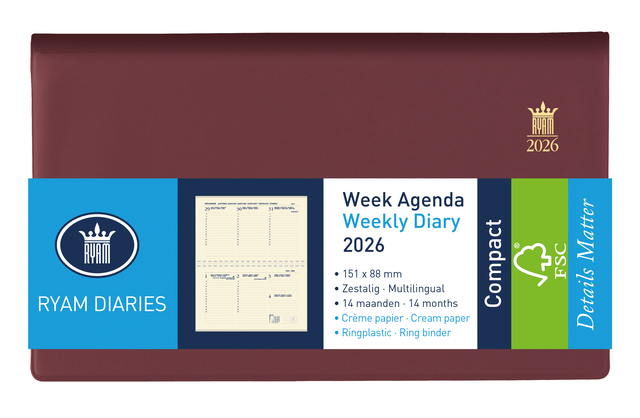Agenda 2026 Ryam Compact Suprema 7dagen/2pagina's ringplastic bordeaux
