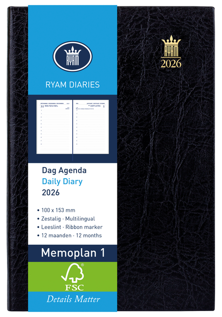 Agenda 2026 Ryam Memoplan 7 Suprema ringplastic 7dagen/2pagina's zwart