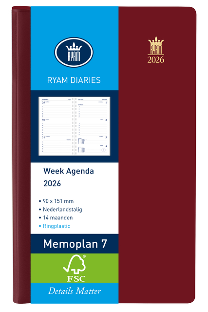 Agenda 2026 Ryam Memoplan 7 Suprema ringplasic 7dagen/2pagina's bordeaux