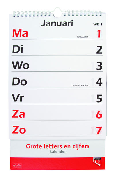 Calendrier 2027 gros caractères lettres et chiffres Quantore