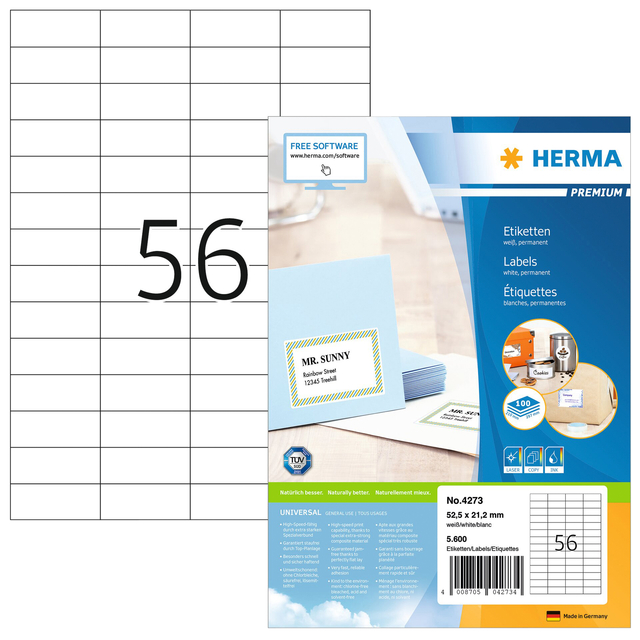 Etiket HERMA 4273 52.5x21.2mm premium wit 5600 stuks