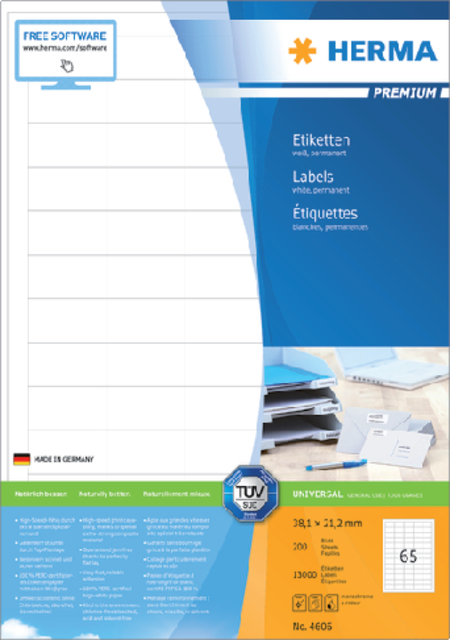Etiket HERMA 4606 38.1x21.2mm premium wit 13000 stuks