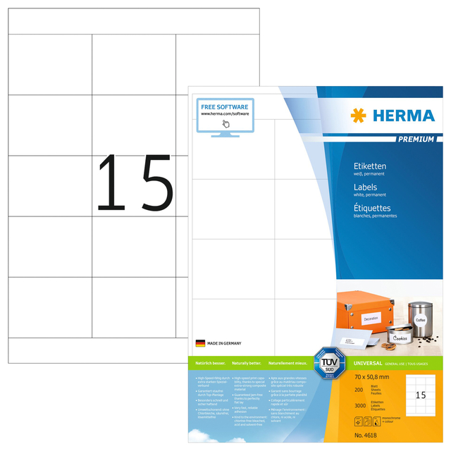 Etiket HERMA 4618 70x50,8mm premium wit 3000 stuks