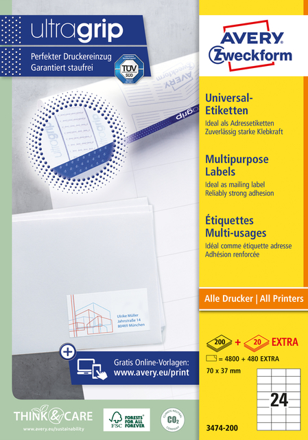 Etiquette Avery Zweckform 3474-200 70x37mm blanc 4800 pièces