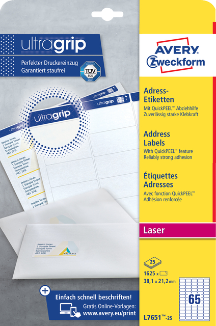 Etiket Avery L7651-25 38.1x21.2mm wit 1625 etiketten