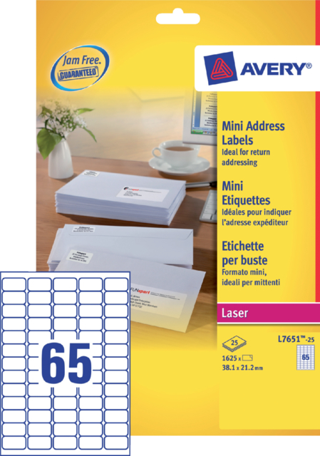 Etiquette Avery L7651-25 38,1x21,2mm blanc 1625 pièces