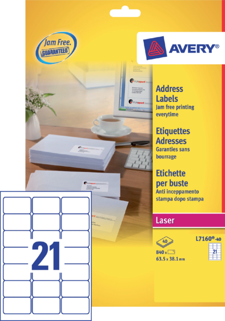 Etiquette Avery L7160-40 63,5x38,1mm blanc 840 pièces