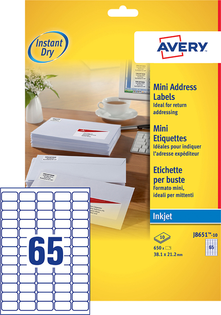 Etiket Avery J8651-10 38.1x21.2mm wit 650 etiketten