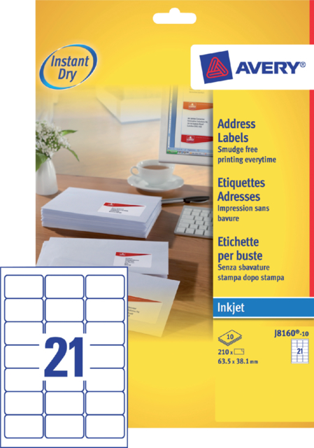 Etiquette Avery J8160-10 63,5x38,1mm blanc 210 pièces