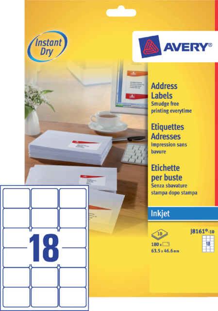 Etiquette Avery J8161-10 63,5x46,6mm blanc 180 pièces