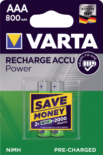 Batterij oplaadbaar Varta 2xAAA 800mAh ready2use