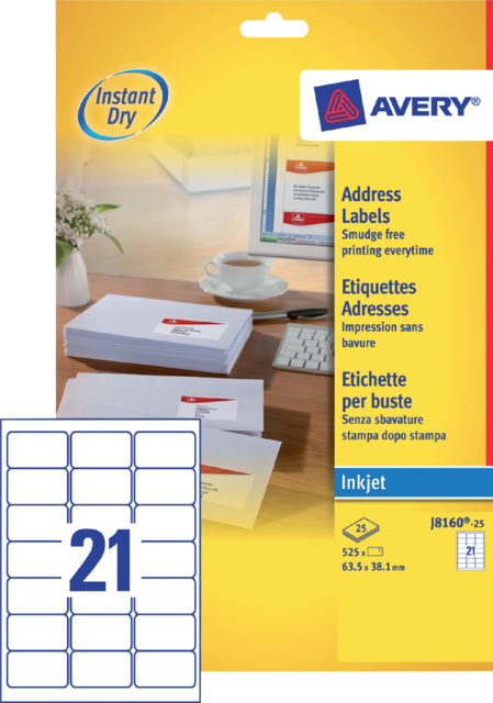 Etiket Avery J8160-25 63.5x38.1mm wit 525stuks