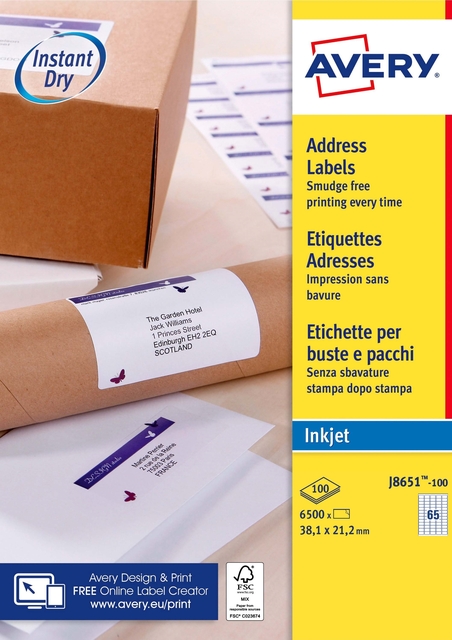 Etiquette Avery J8651-100 38,1x21,2mm blanc 6500 pièces