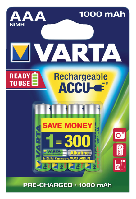 Batterij oplaadbaar Varta 4xAAA 1000mAh ready2use