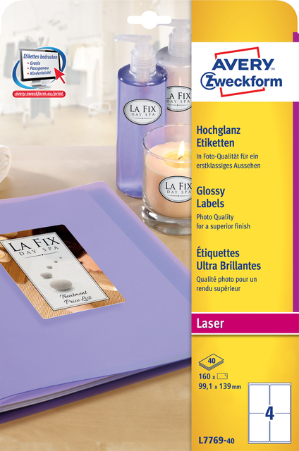 Etiket Avery L7769-40 99.1x139mm hoogglans wit 160 stuks