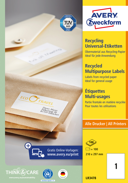 Etiquette Avery LR3478 210x297mm A4 recyclé blanc 100 pièces