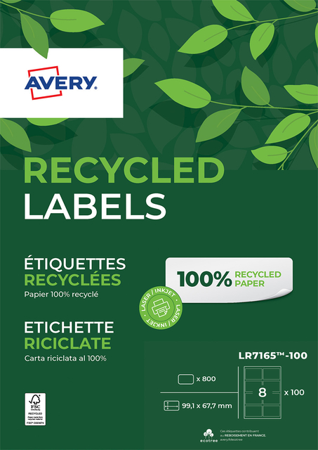Etiquette Avery LR7165-100 99,1x67,7mm recyclé blanc 800 pièces