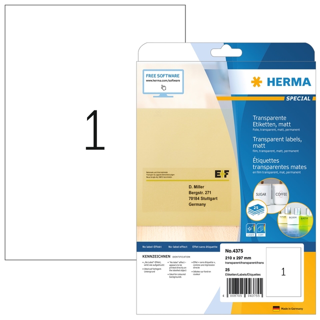 Etiket HERMA 4375 210x297mm A4 transparant 25 stuks