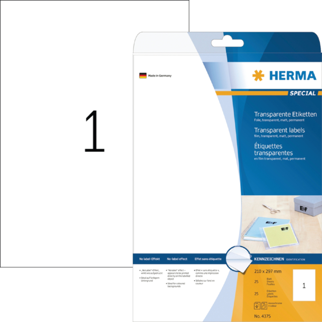 Etiket HERMA 4375 210x297mm A4 transparant 25stuks