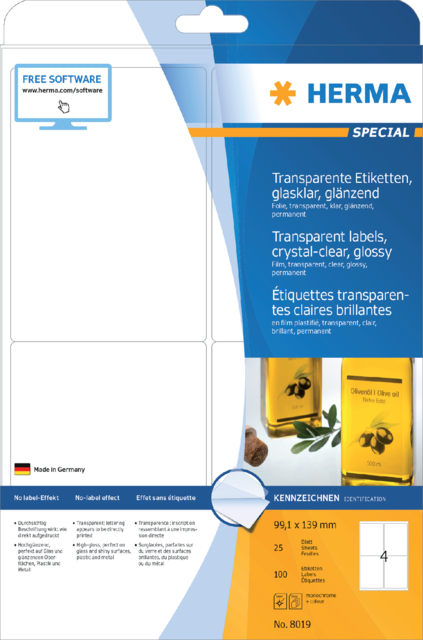 Etiquette HERMA 8019 99,1x139mm transparent 100 pièces