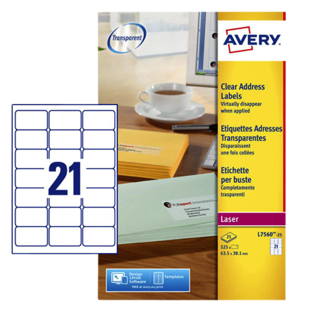 Etiket Avery L7560-25 63.5x38.1mm transparant 525 stuks