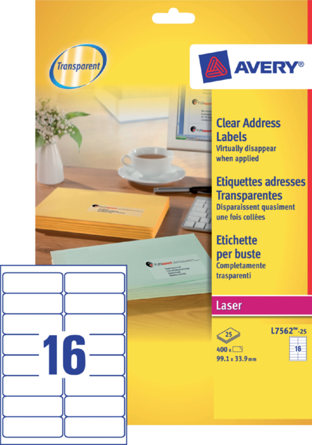 Etiquette Avery L7562-25 99,1x33,9mm transparent 400 pièces