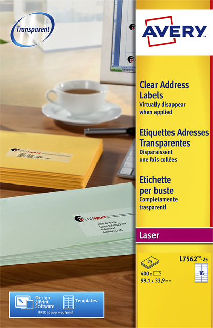 Etiquette Avery L7562-25 99,1x33,9mm transparent 400 pièces