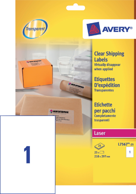 Etiquette Avery L7567-25 210x297mm transparent 25 pièces