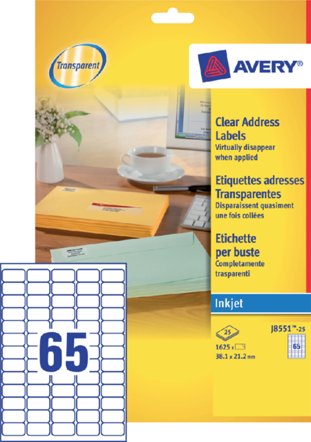 Etiquette Avery J8551-25 38,1x21,2mm transparent 1625 pièces