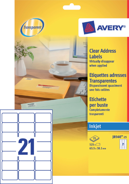 Etiket Avery J8560-25 63.5x38.1mm transparant 525stuks