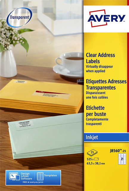 Etiquette Avery J8560-25 63,5x38,1mm transparent 525 pièces
