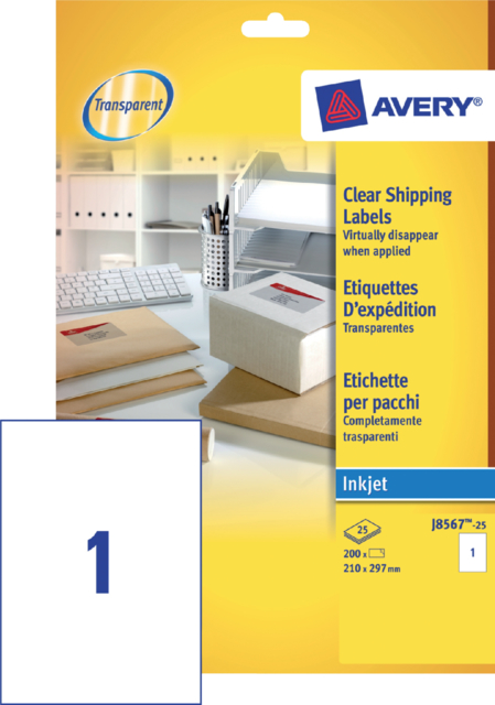 Etiquette Avery J8567-25 210x297mm A4 transparent 25 pièces