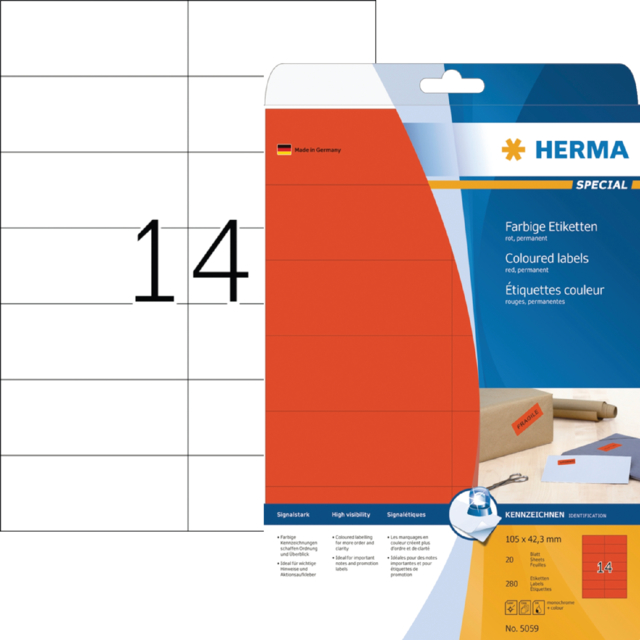 Etiket HERMA 5059 105x42.3mm verwijderbaar rood 280stuks