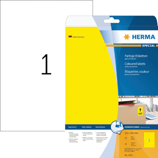 Etiquette HERMA 4421 210x297mm A4 jaune 20 pièces