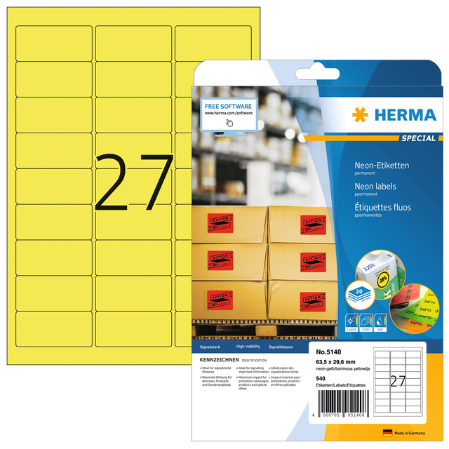 Etiquette HERMA 5140 63,5x29,6mm jaune fluo 540 pièces