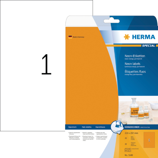 Etiket HERMA 5149 210x297mm A4 fluor oranje 20stuks