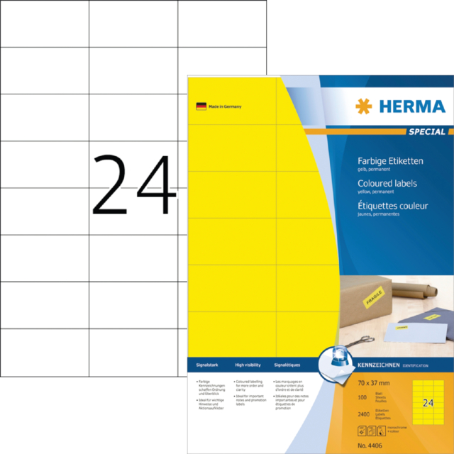 Etiket HERMA 4406 70x37mm geel 2400 etiketten