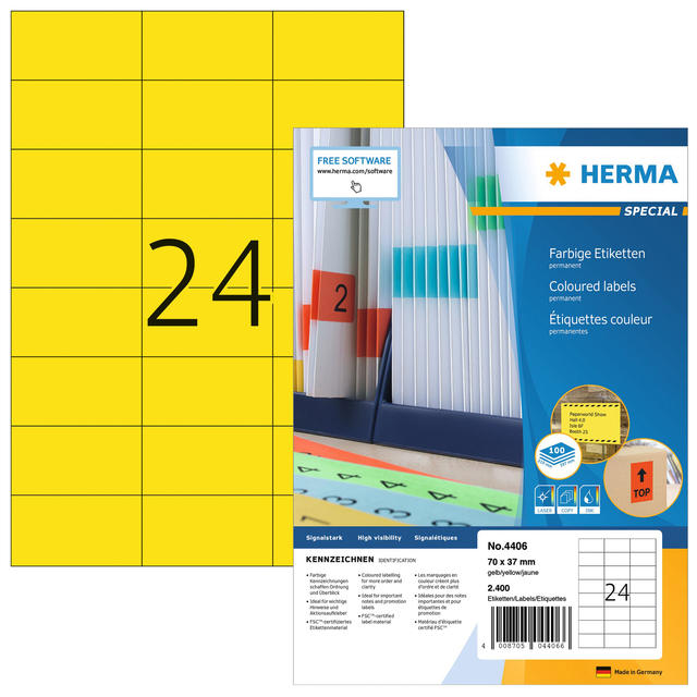 Etiket HERMA 4406 70x37mm geel 2400 stuks